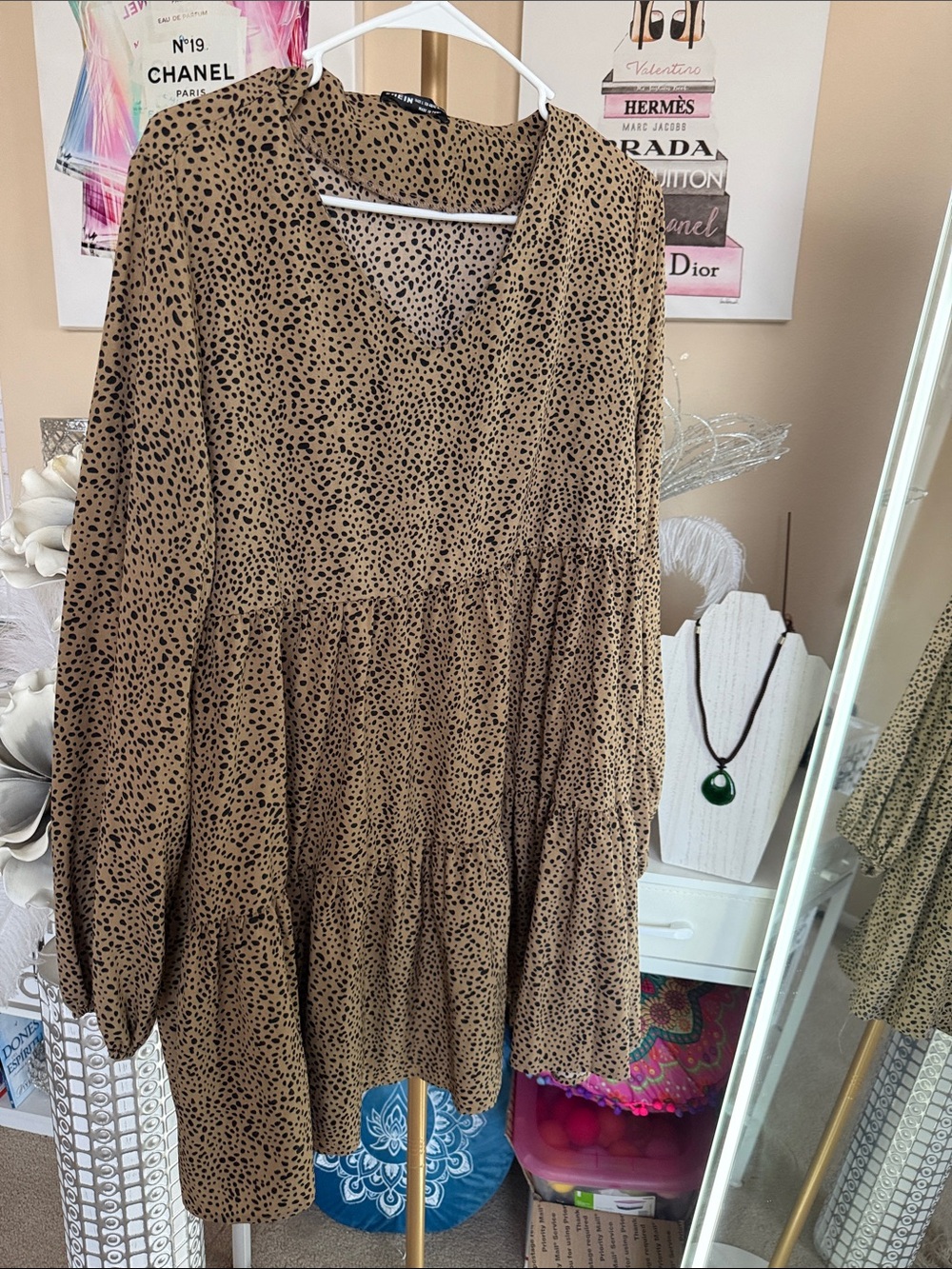 SHEIN Tan Dress with Black Spot Print